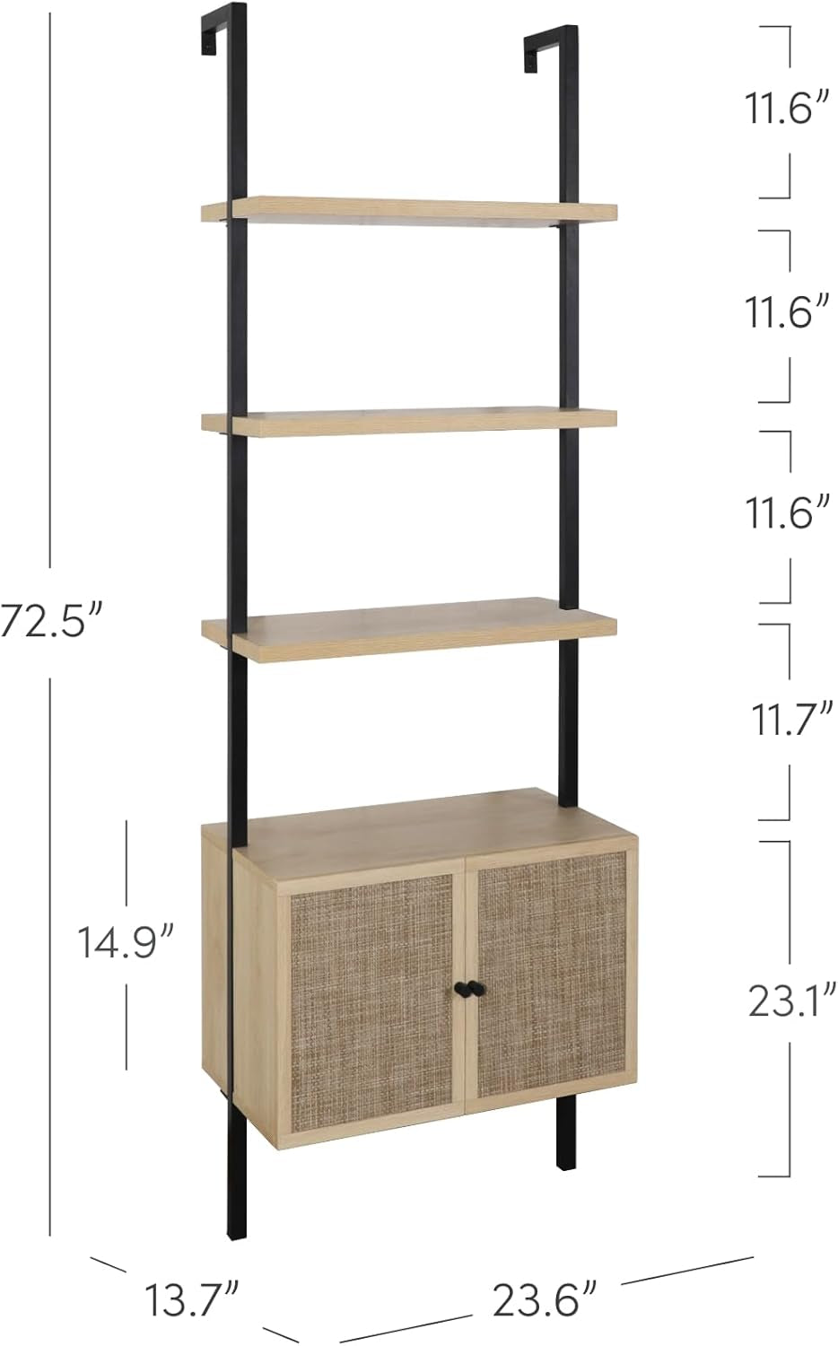 Theo Ladder 3 Tier Open Bookshelf with Rattan Drawers and Matte Steel Frame, Light Oak/Black