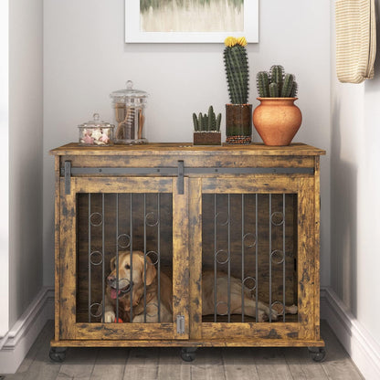 Large Dog Crate Furniture, 47" Wooden Dog Kennel with Sliding Barn Door, Flip-Top Lid & Wheels, Indoor Pet Crate Table with Detachable Divider for Small/Medium/Large Dogs (Rustic Grey)