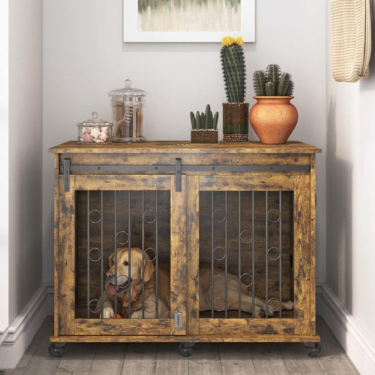 Large Dog Crate Furniture, 47" Wooden Dog Kennel with Sliding Barn Door, Flip-Top Lid & Wheels, Indoor Pet Crate Table with Detachable Divider for Small/Medium/Large Dogs (Rustic Grey)