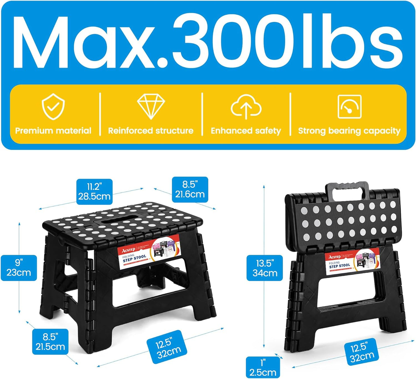 Folding Step Stool 9 Inch, Sturdy Collapsible Kitchen Step Stool Foldable for Kids, Toddlers & Adults, Non Slip Lightweight Foot Stools with Handle, Holds 300 Lbs Ideal for Bathroom Bedroom