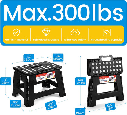 Folding Step Stool 9 Inch, Sturdy Collapsible Kitchen Step Stool Foldable for Kids, Toddlers & Adults, Non Slip Lightweight Foot Stools with Handle, Holds 300 Lbs Ideal for Bathroom Bedroom
