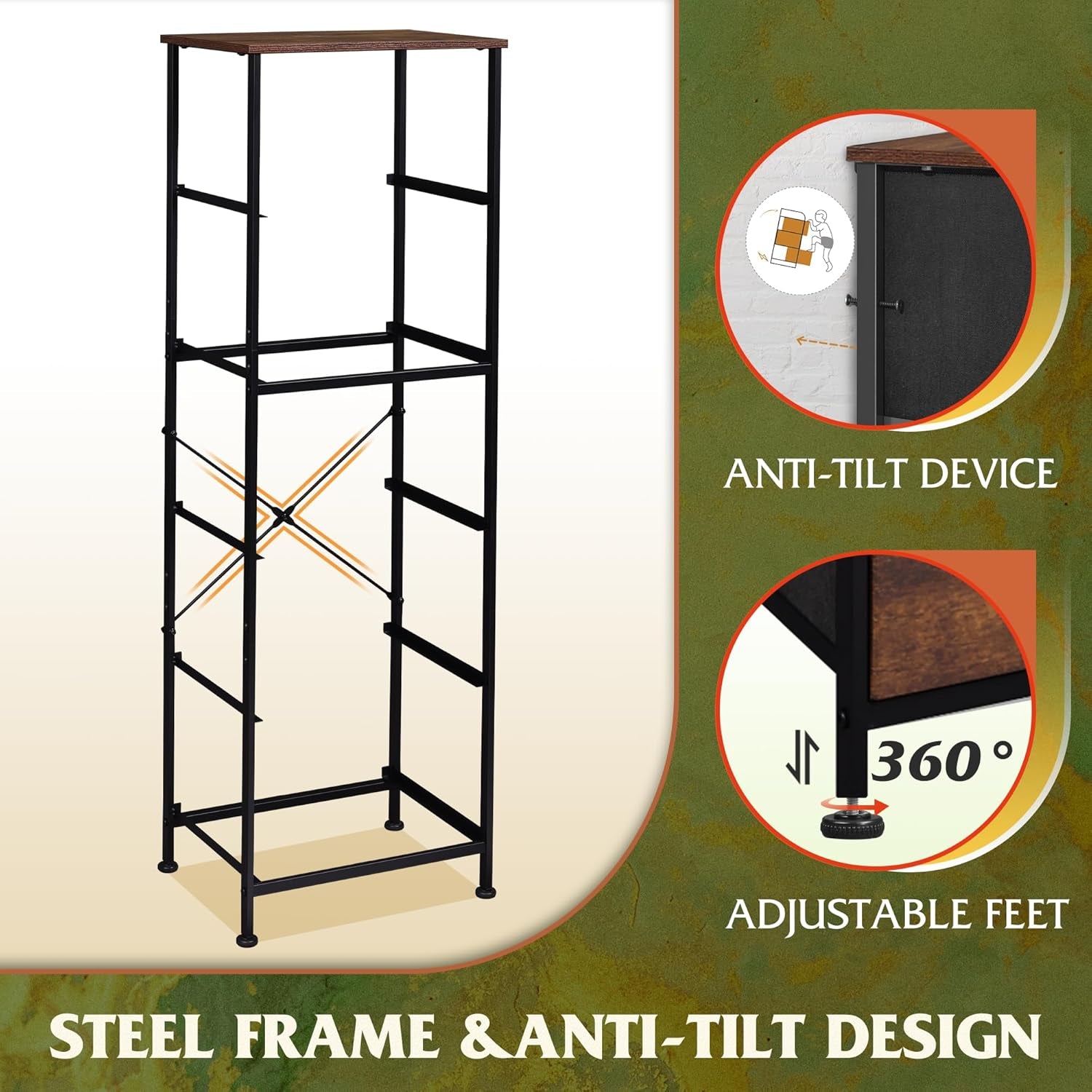 Fabric Dresser for Bedroom, 5-Drawer Tall Dressers, Storage Organizer with Fabric Bins, Wood Top, Sturdy Steel Frame, Chest of Drawers for Closet, Hallway, Rustic Brown Wood Grain Print