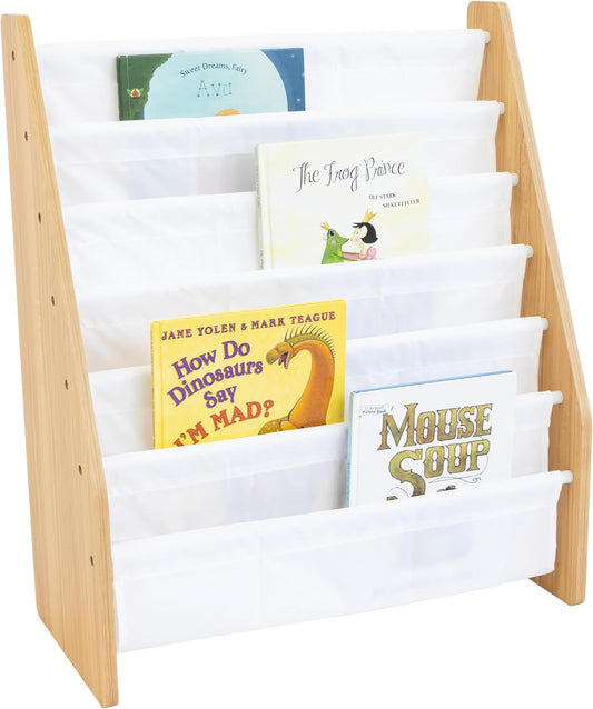 Kids Bookshelf 6-Tier Book Rack Organizer, Extra Large Toddler Bookcase with Fabric Storage Pockets, Front-Facing Display for Children’S Books, White/Natural Wood, Nursery/Playroom Storage