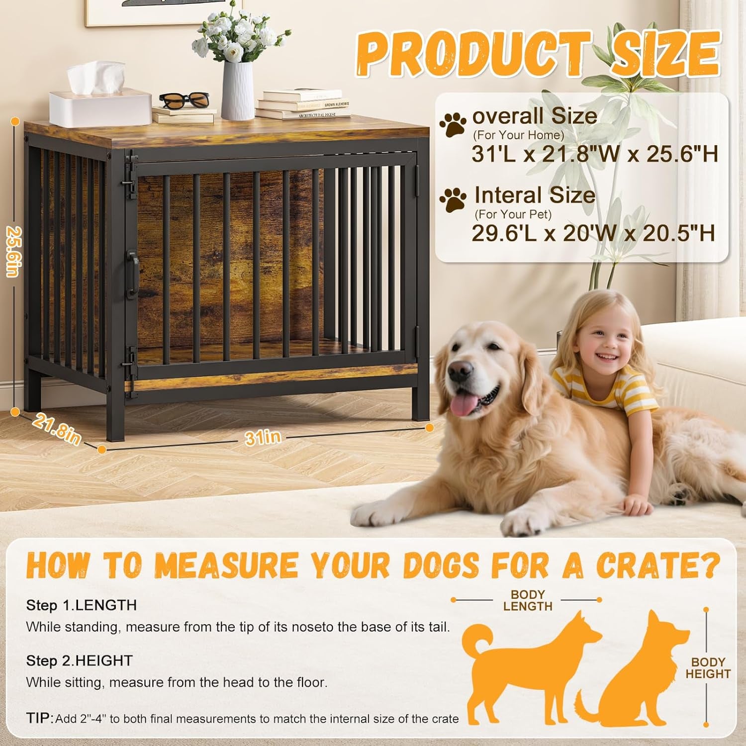 Dog Crate Furniture for Small Medium Dogs, 31'' Heavy Duty Dog Kennel Indoor with Waterproof Top, Decorative Pet House End Table, Furniture Style Wooden Dog Cage as TV Stand