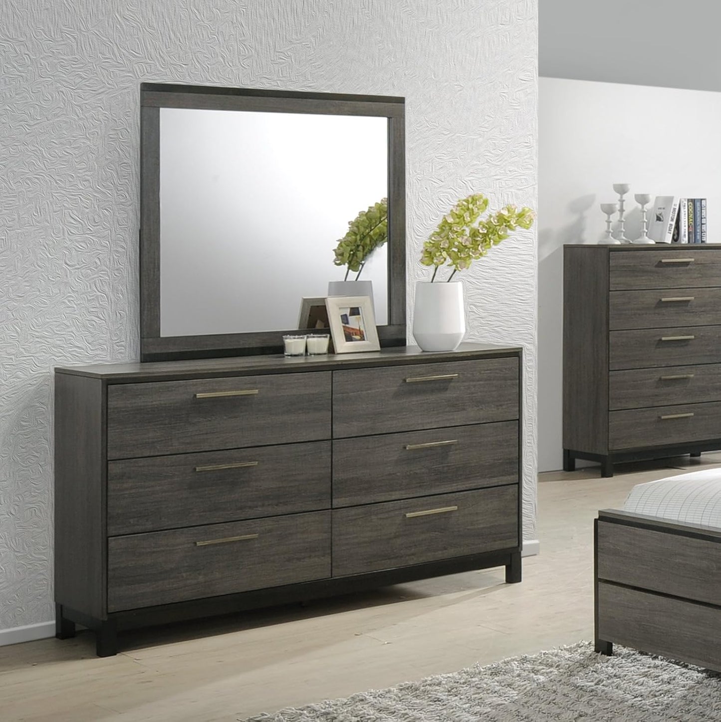 Ioana 187 Antique Grey Finish Wood Bed Room Set, King Size Bed, Dresser, Mirror, Night Stand, Chest