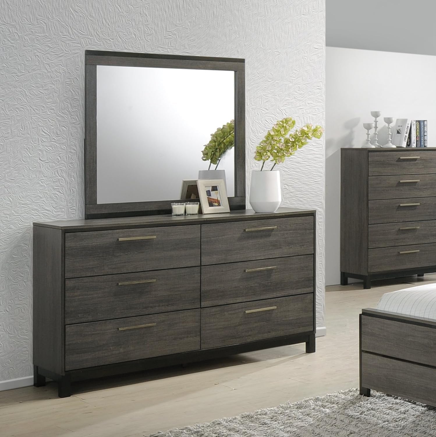 Ioana 187 Antique Grey Finish Wood Bed Room Set, King Size Bed, Dresser, Mirror, Night Stand, Chest