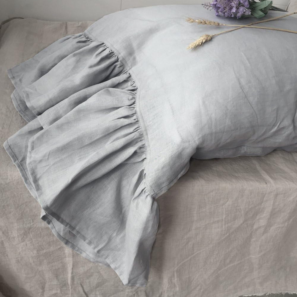 Ruffles Linen Pillowcase. Pure Flax Pillow Sham 100% French Linen Ruffled Pillow Cover, Standard, Queen, King 1 PCS Size (Queen, Silver)