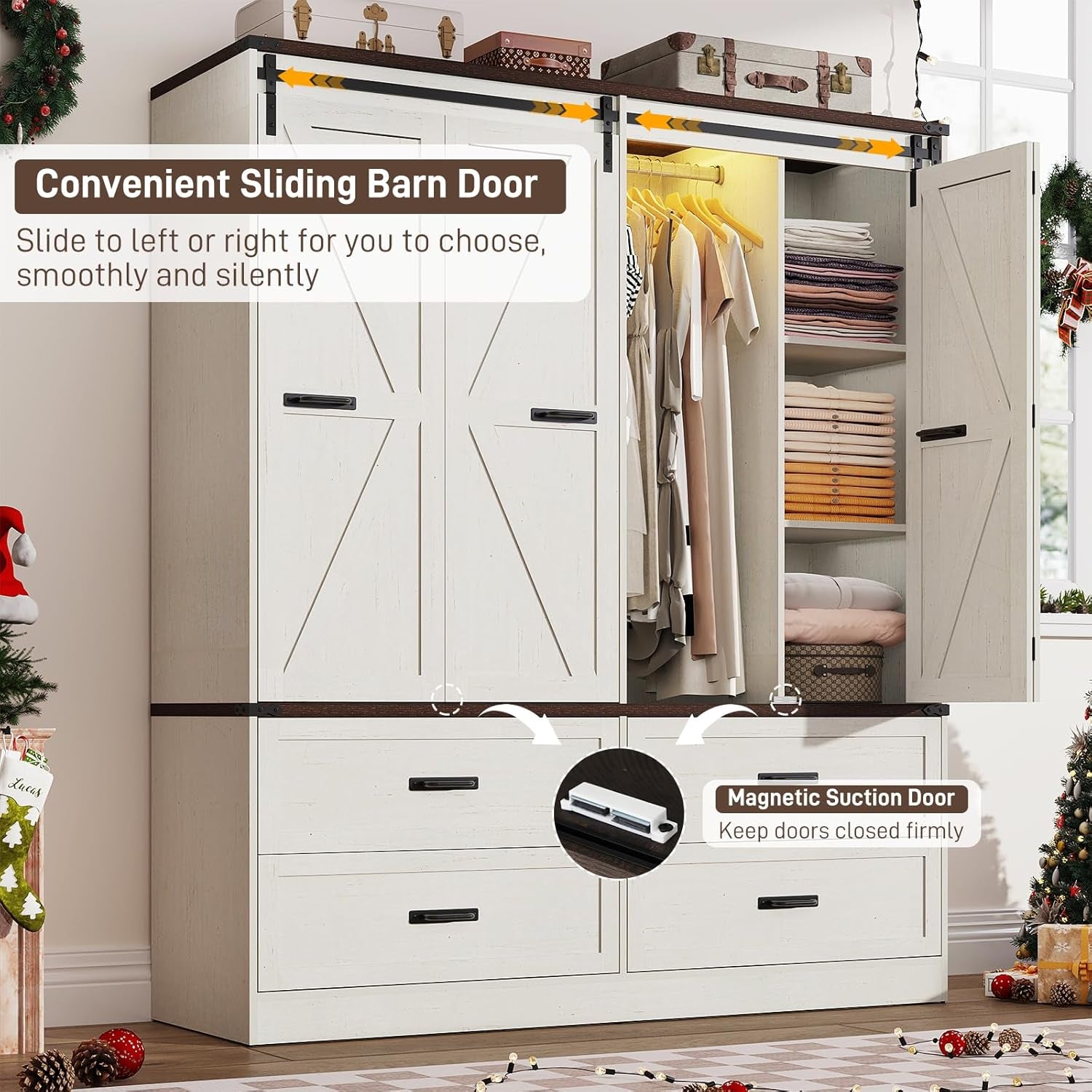 Farmhouse 4 Doors Armoire Wardrobe Closet W/Folding Sliding Barn Door and Lights, LED Armoire Closet W/Drawers for Bedroom, Freestanding Wooden Wardrobe Storage Closets W/Hanging Rod,Antique White