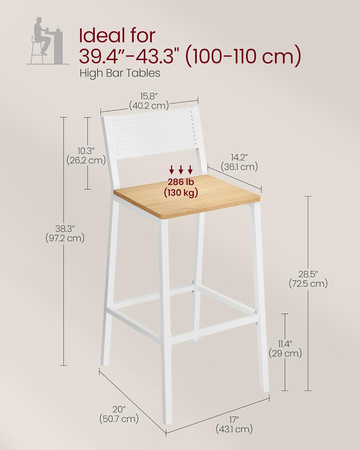Bar Stool Set of 2, Bar Chairs for Kitchen, Dining Room, Industrial, Oak Beige and White ULBC070W09