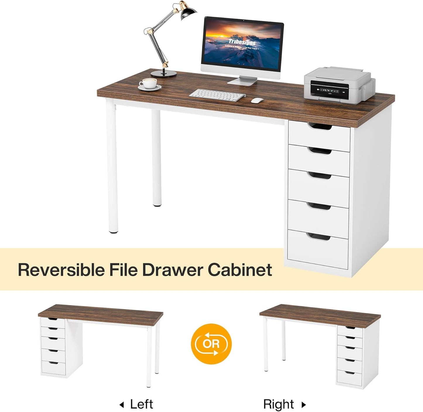 Computer Desk with 5 Drawers, 47 Inches Rustic Brown Home Office Desk with Storage, Modern Simple Laptop Desk Study Writing Table for Small Spaces (Reversible Drawer Cabinet)