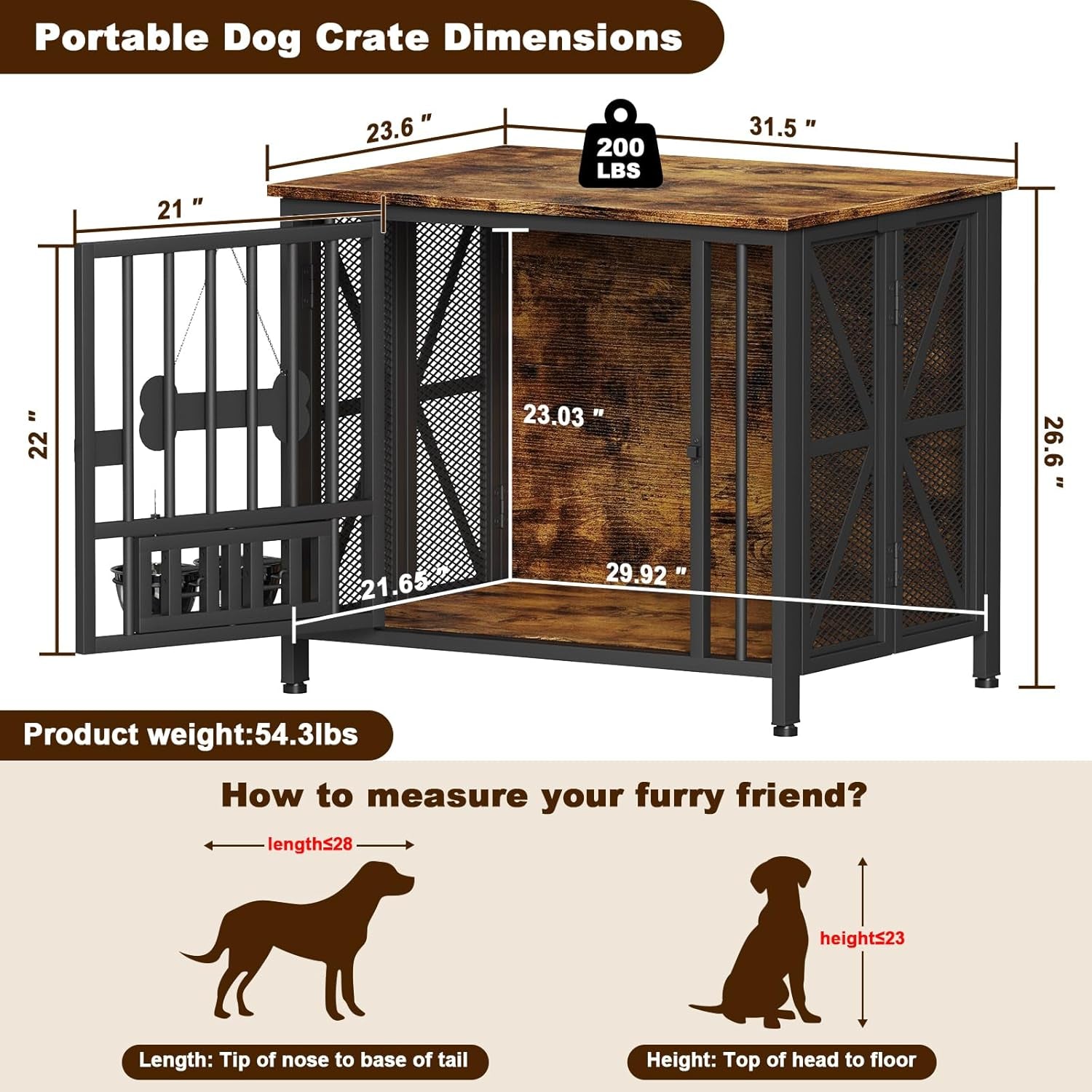 Dog Crate Furniture, 31.5" Assembly-Free Dog Crates for Small & Medium Dogs, Foldable Dog Kennel Indoor with Tag & Adjustable Dog Bowls, Wooden Dog Cage Use as End Table, Rustic Brown