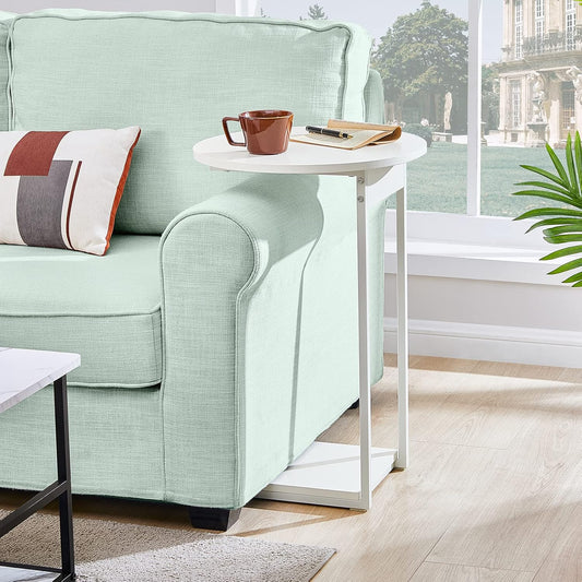 Side Table Living Room, Small End Table for Small Space, 25.6" C Shaped Tall Slide under Couch Tables, Slim End Table with 15" round Cute Look for Living Room, Bedroom, White