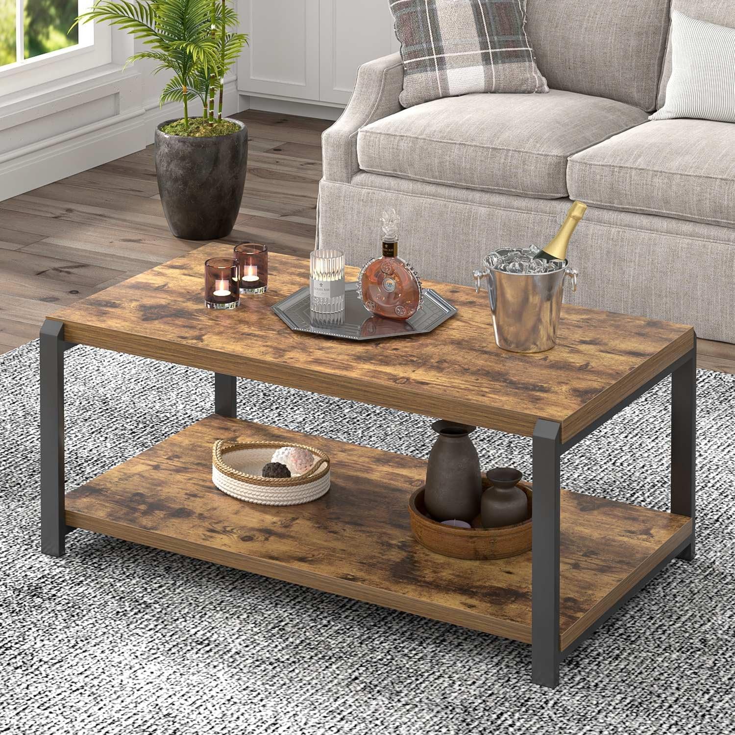 Modern Coffee Table, Industrial Wood and Metal Center Table, Cocktail Tea Tables for Living Room, Rustic Brown