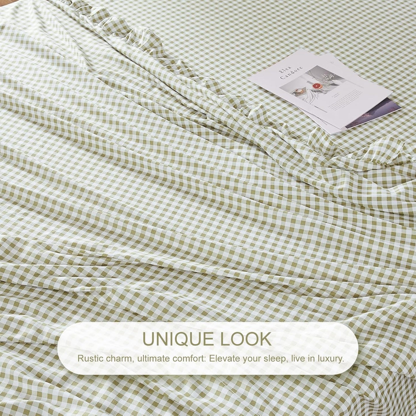 Gingham Queen Sheet Set, Lightweight Super Soft Brushed Microfiber Plaid Bed Sheets with 16" Deep Pocket, 4 Piece Ruffle Farmhouse Bedroom Decor, Sage Green