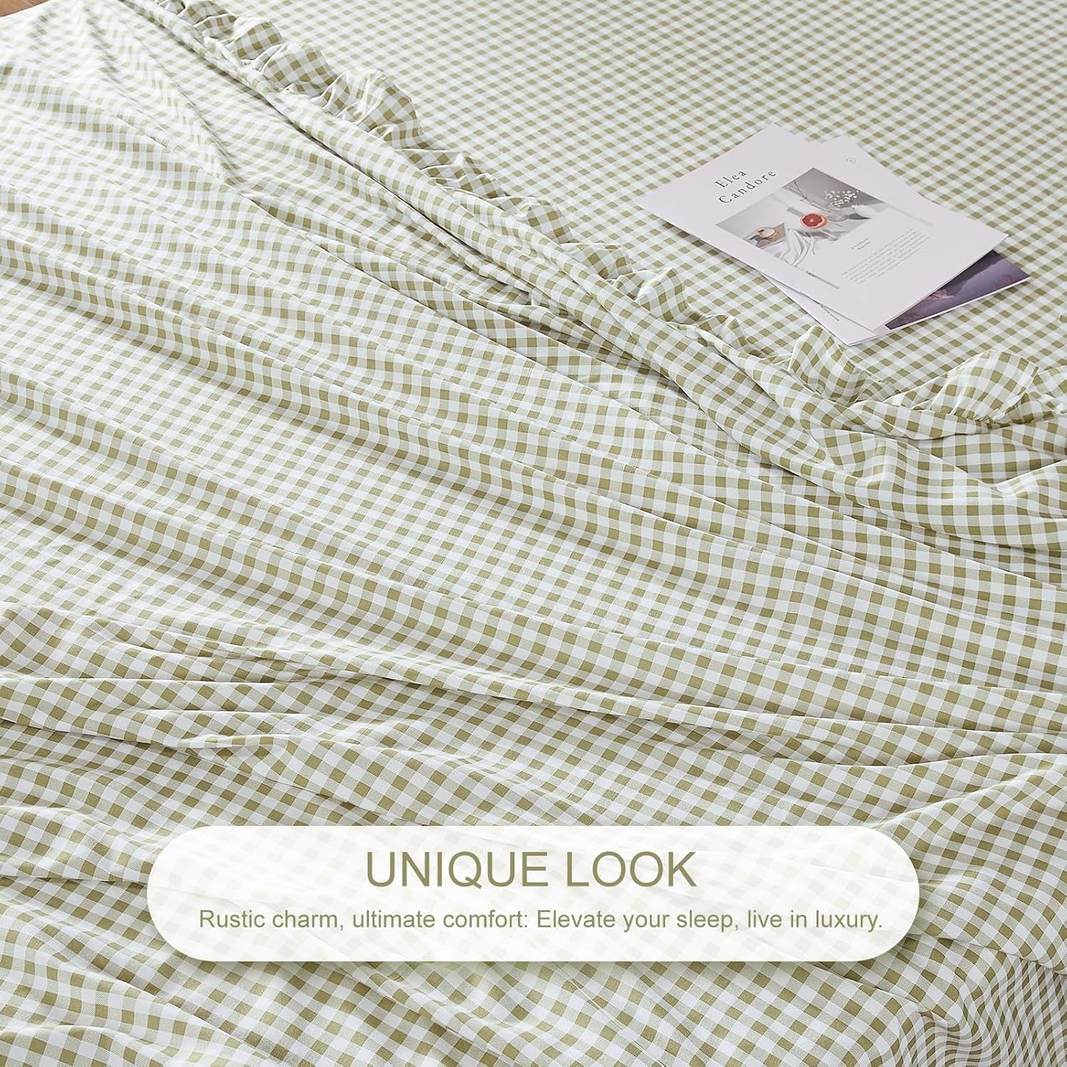 Gingham Queen Sheet Set, Lightweight Super Soft Brushed Microfiber Plaid Bed Sheets with 16" Deep Pocket, 4 Piece Ruffle Farmhouse Bedroom Decor, Sage Green