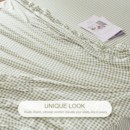Gingham Queen Sheet Set, Lightweight Super Soft Brushed Microfiber Plaid Bed Sheets with 16" Deep Pocket, 4 Piece Ruffle Farmhouse Bedroom Decor, Sage Green