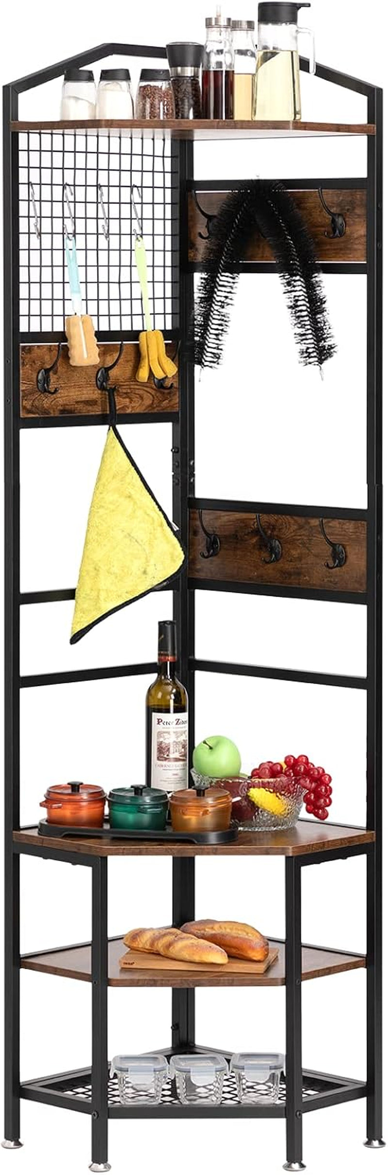 4-Tier Corner Industrial Hall Tree, Freestanding Entryway Coat Storage Rack with Hooks and Wooden Storage Shelves, Black