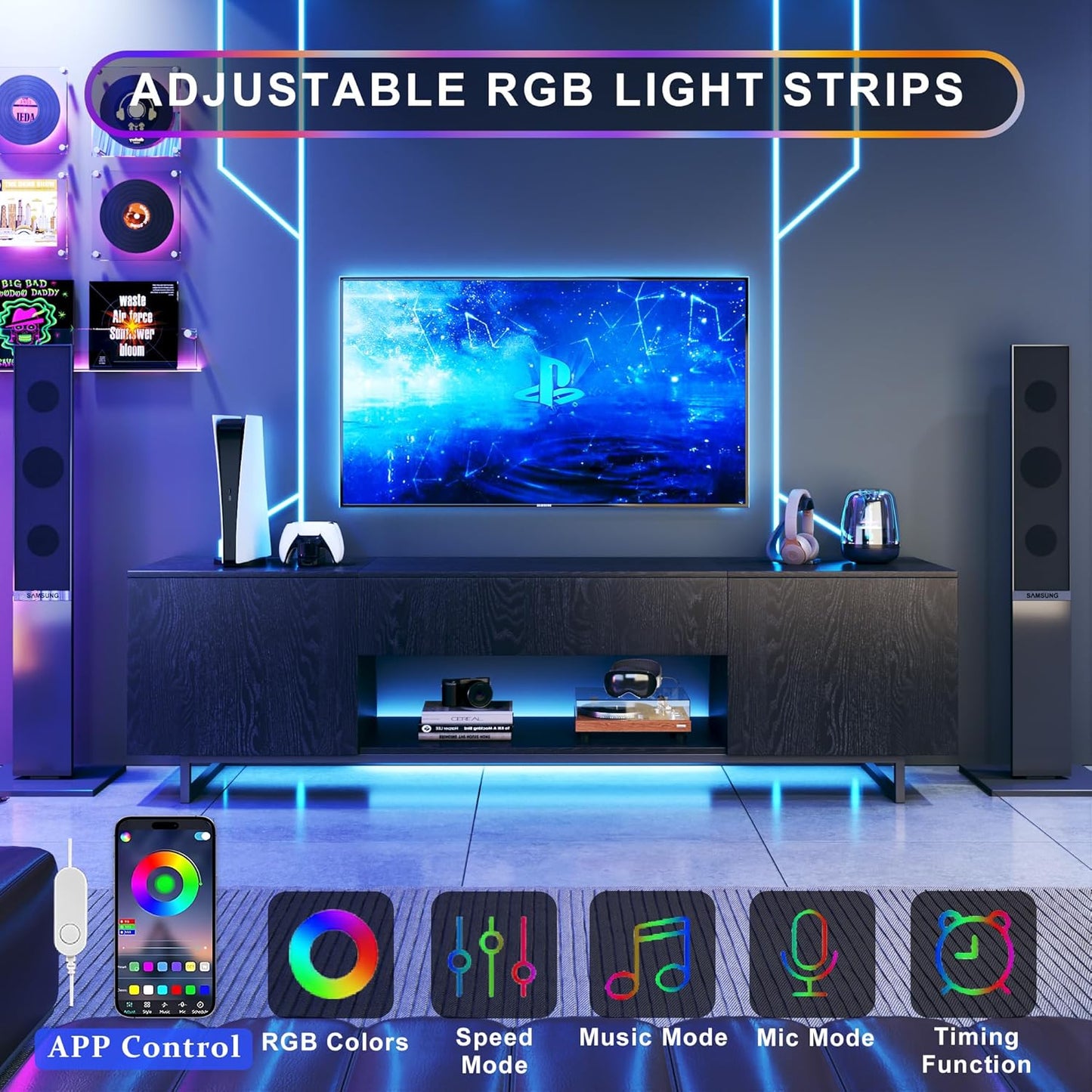 TV Stand for 75 Inch TV, Entertainment Center with LED Light, Modern Wood TV Console with Texture Entertainment Stand with Highlight Storage Cabinet for Tvs up to 70-80" Black