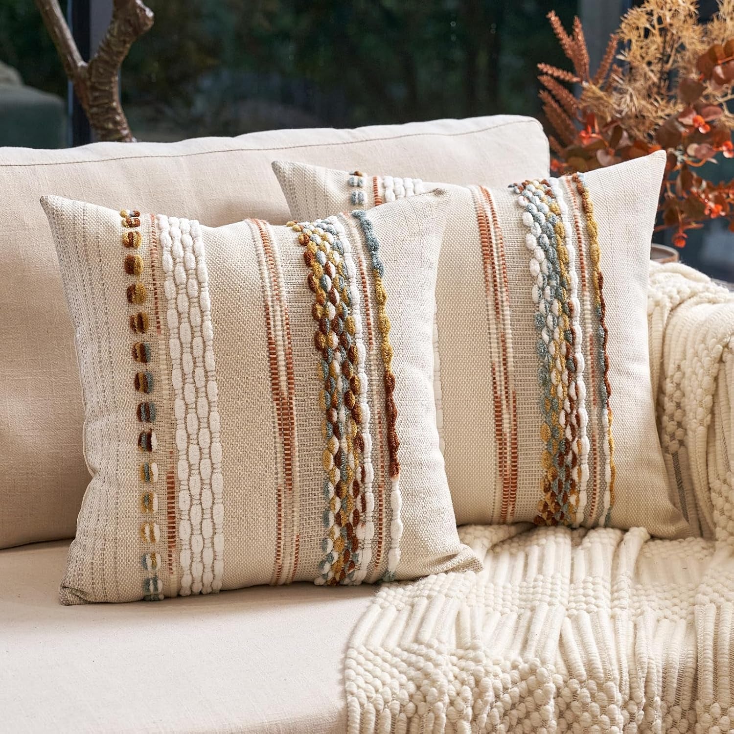 Boho Throw Pillow Covers 18X18 Inch Set of 2, Farmhouse Decorative Striped Square Pillow Covers Chenille Tufted Pillow Cases Accent Neutral Pillowcase for Living Room Couch Bed, Orange White