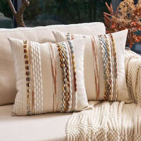 Boho Throw Pillow Covers 18X18 Inch Set of 2, Farmhouse Decorative Striped Square Pillow Covers Chenille Tufted Pillow Cases Accent Neutral Pillowcase for Living Room Couch Bed, Orange White