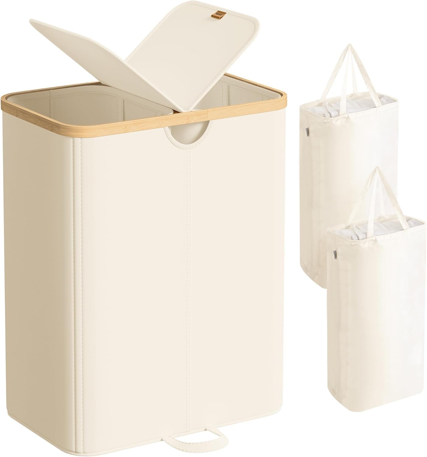 Laundry Hamper with Lids, Laundry Basket with 2 Compartments, 39 Gal. (150 L), Removable Liner Bag, for Laundry Room, Bedroom, Living Room, Cream White and Light Bamboo ULCB523W01
