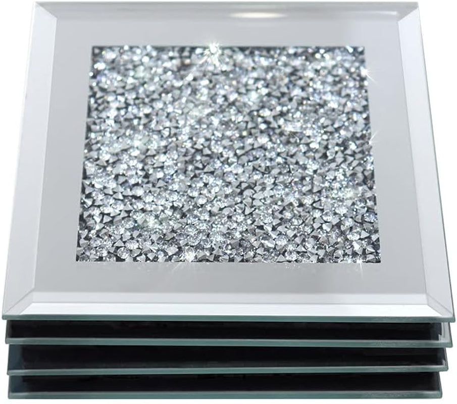Glass Mirrored Coaster 4 PC, Crushed Diamond Square Cup Mat 4" Decor on Tabletop for Bar Tools Dining Table