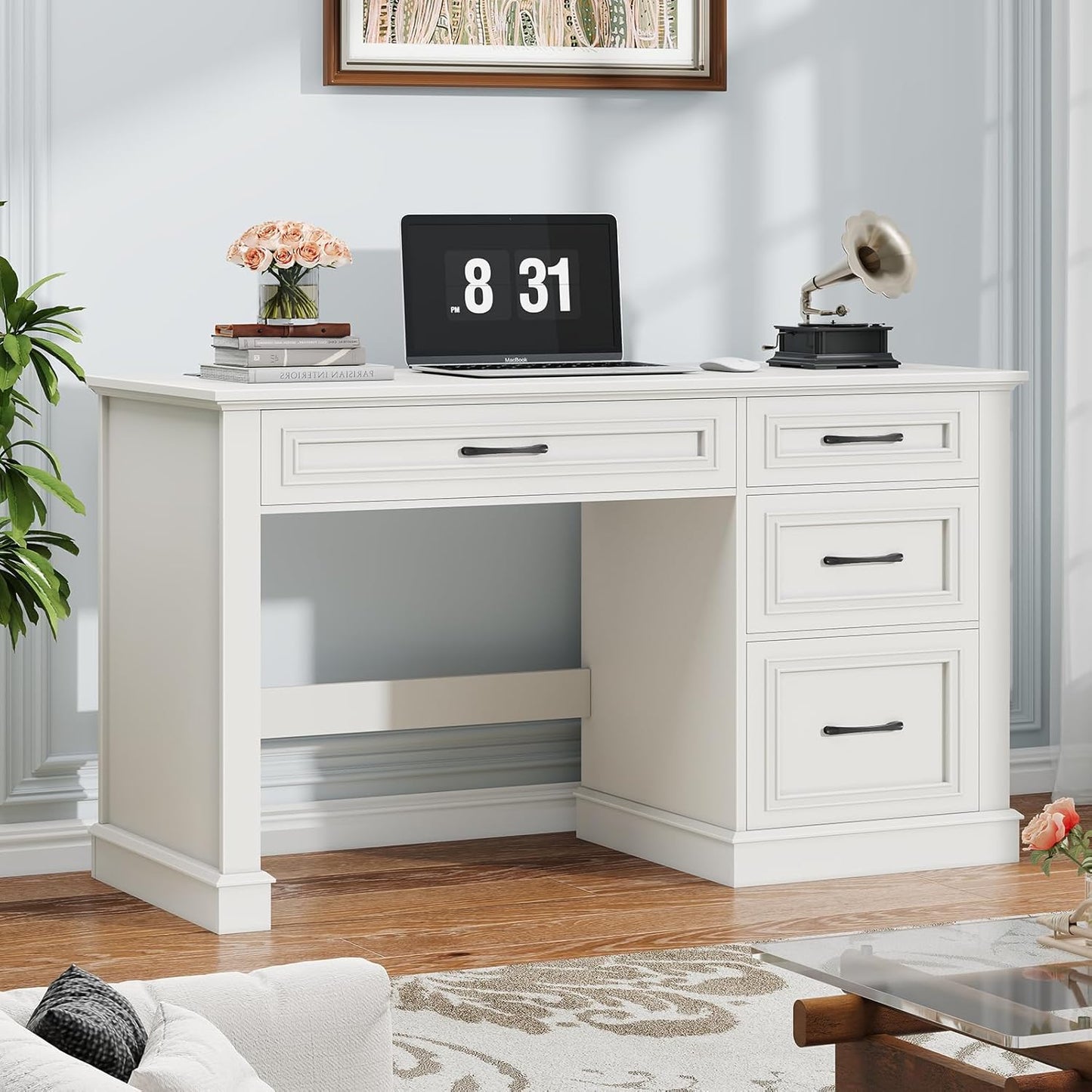 Farmhouse 47" Executive Desk, Computer Desk with Drawers and File Drawer, Workstation Computer Desk with Charging Station for Home Office,Study,（Cream White）