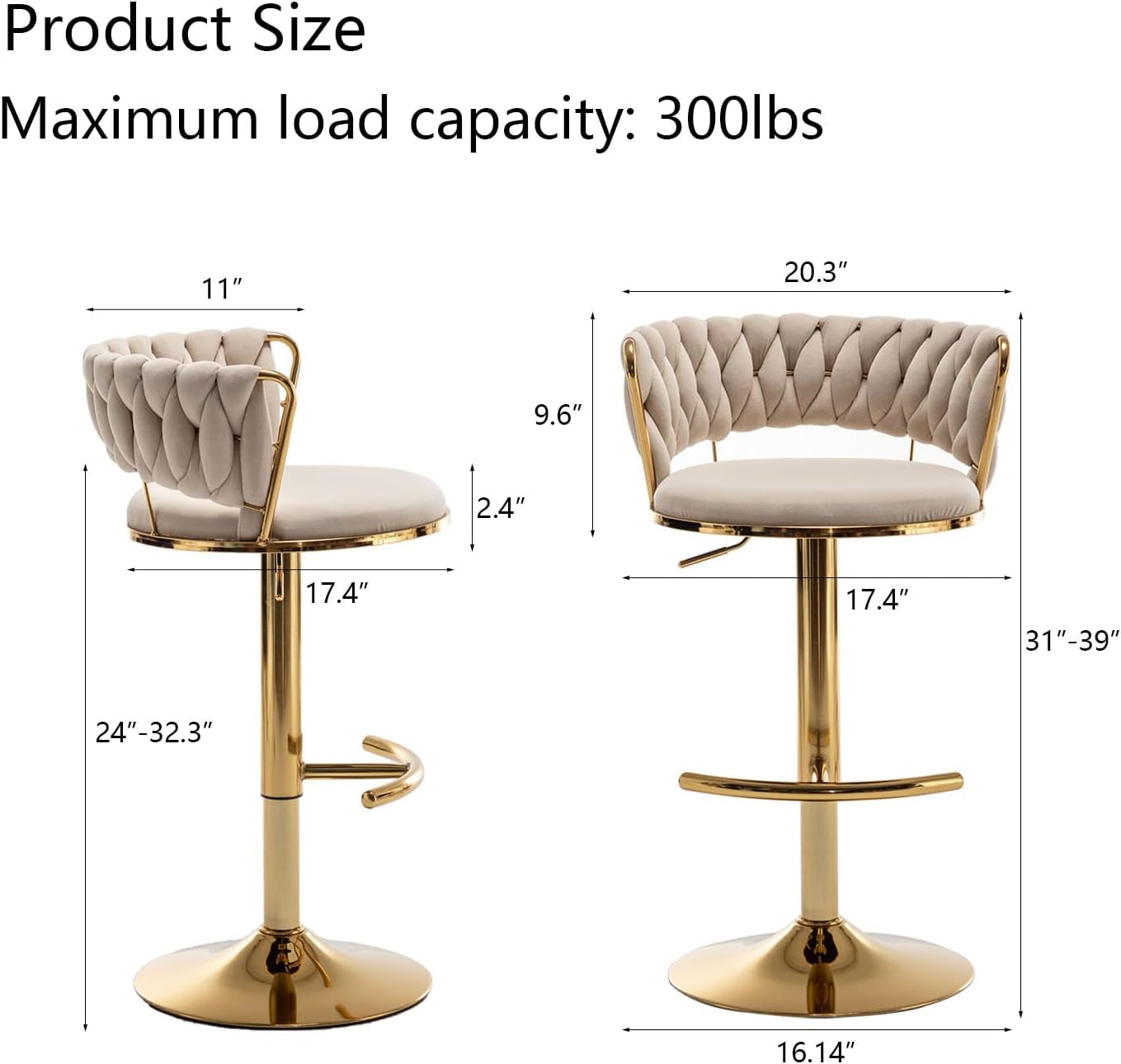 Velvet Bar Stools Set of 2, Counter Height Barstools with Low Back, Gold Swivel Bar Stool for Kitchen Island, Pub (Beige)