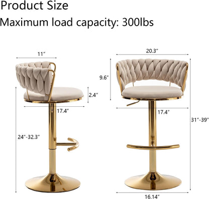 Velvet Bar Stools Set of 2, Counter Height Barstools with Low Back, Gold Swivel Bar Stool for Kitchen Island, Pub (Beige)