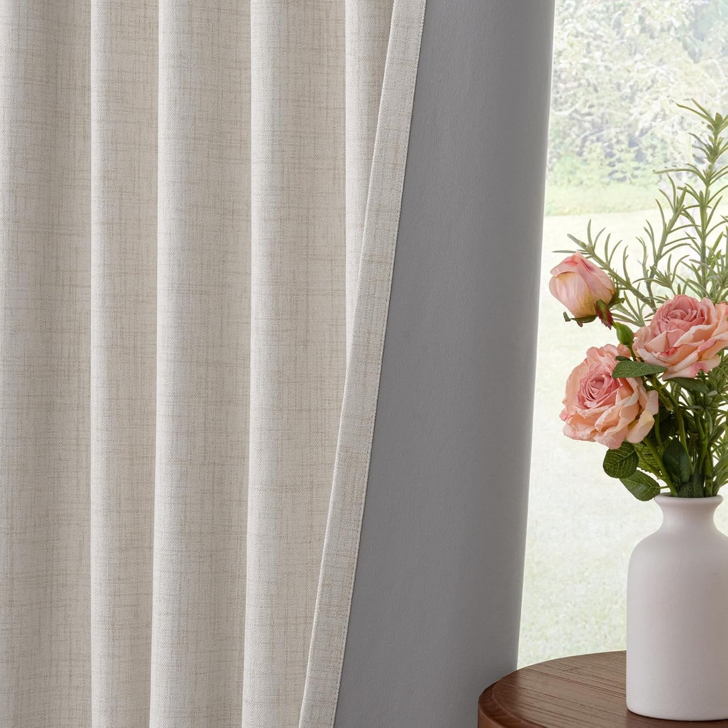 100% Blackout Curtains for Bedroom, Black Out Curtains 84 Inch Long, Clip Rings Linen Blackout Drapes, Thermal Insulated Room Darkening for Living Room, 2 Panels - Beige,W50Xl84