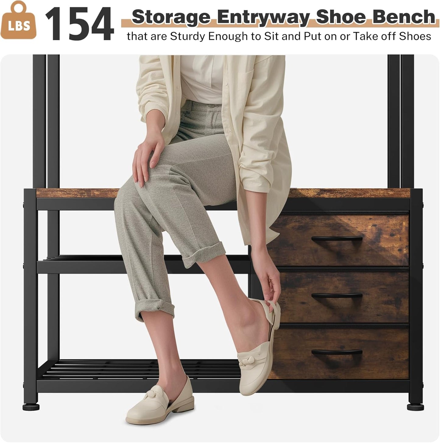 Hall Tree with Bench and Shoe Storage, Coat Rack Freestanding with 3 Fabric Drawers, Entryway Bench with Shoe Storage, Hall Tree with 12 Hooks for Hallway