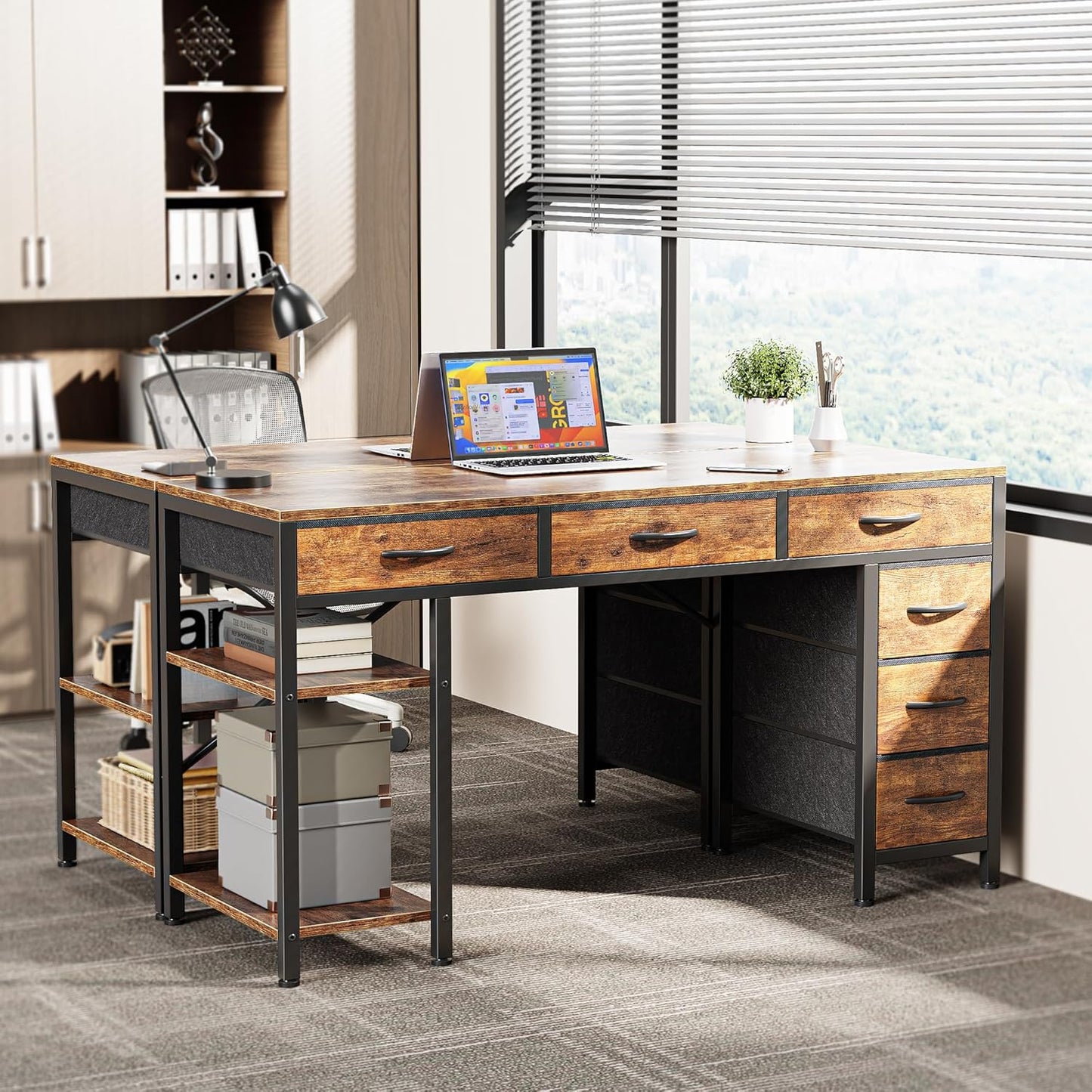 Computer Desk with 6 Drawers, Office Desk with Shelves, Reversible Gaming Desk, Corner Desk with Storage, Work for Home Office, Study, Living Room, 47Inch, Rustic Brown