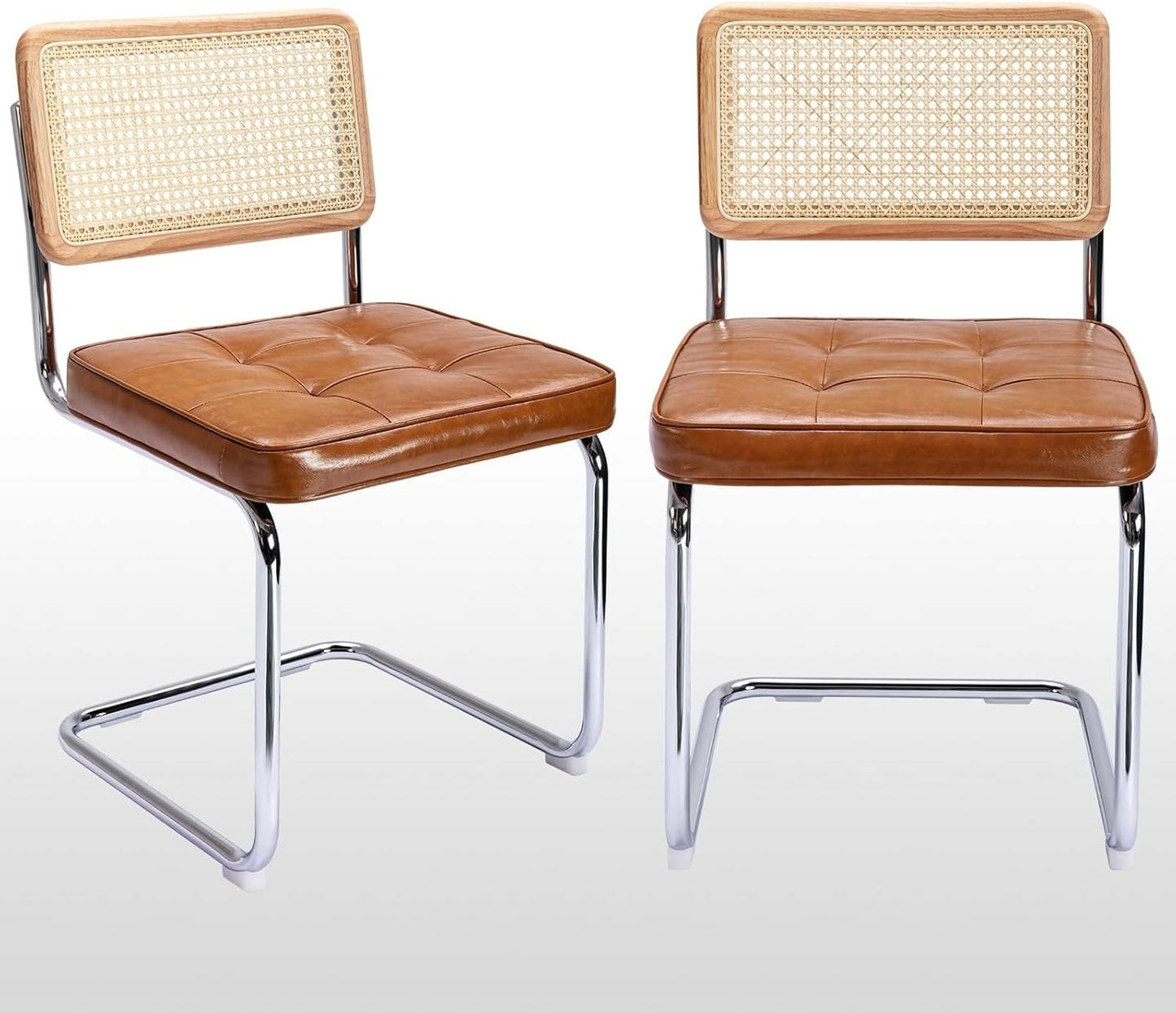 Natural Rattan Dining Chairs Set of 2, Modern Dining Room Chairs with Solid Wood Back for Kitchen Living Room, Mid Century Breuer Design Inspired, Upholstered Faux Leather Brown