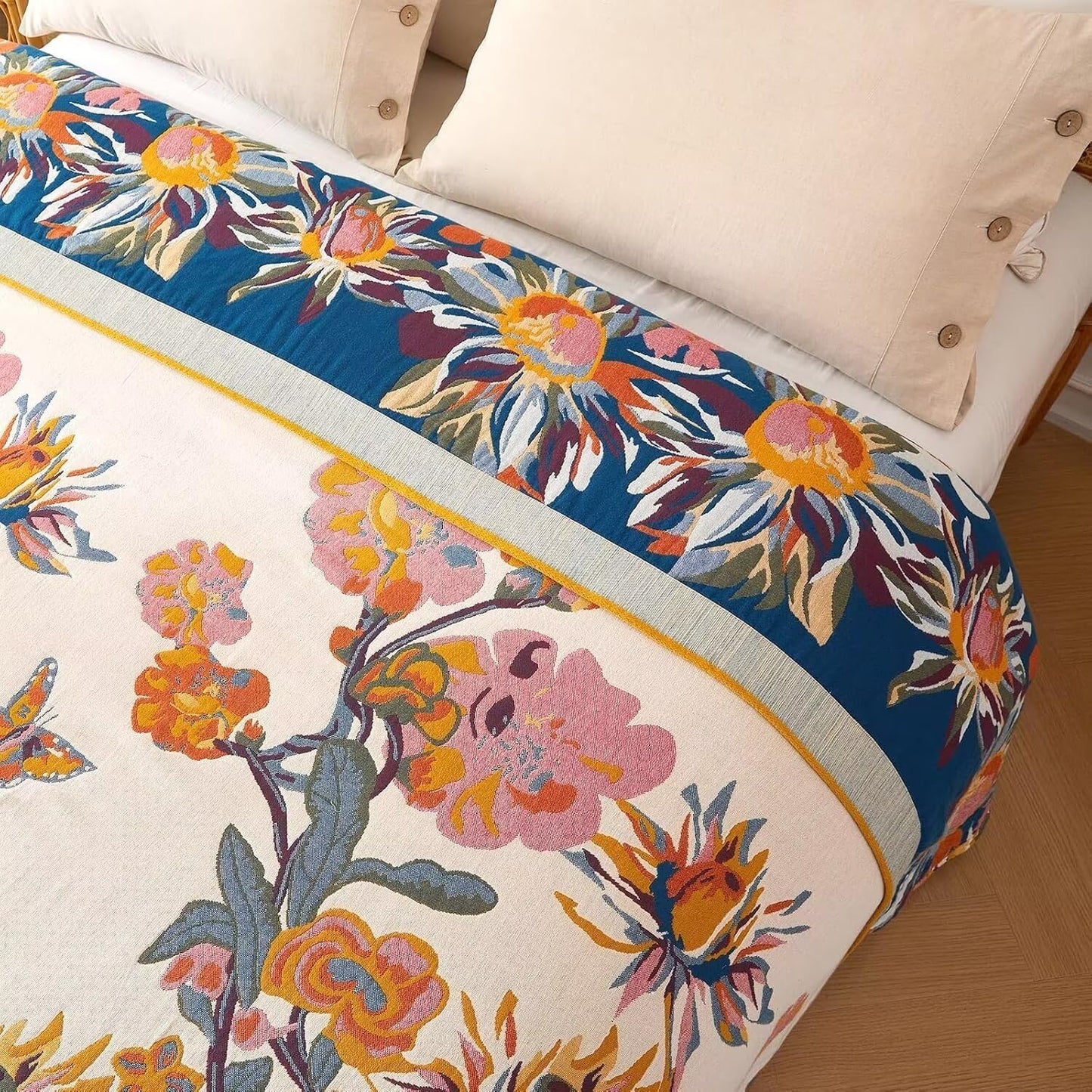 Boho Throw Blanket - 100% Cotton Soft Throw Blanket for Bed, 50"X60" Reversible Breathable Lightweight Fall Blankets, All Seasons Farmhouse Decor Floral Plant Butterfly Throw Quilt
