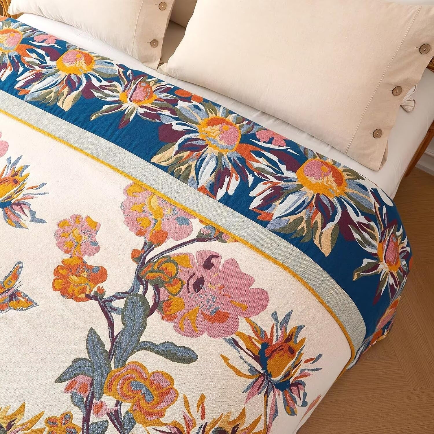 Boho Throw Blanket - 100% Cotton Soft Throw Blanket for Bed, 50"X60" Reversible Breathable Lightweight Fall Blankets, All Seasons Farmhouse Decor Floral Plant Butterfly Throw Quilt