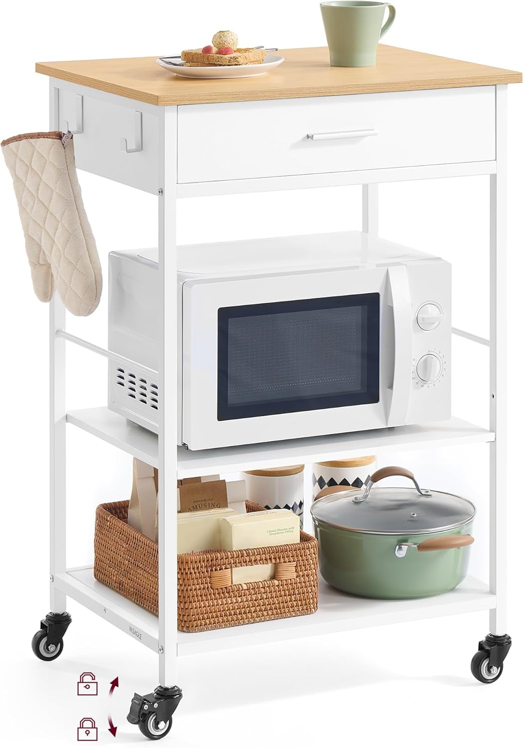 Kitchen Rolling Island, Mobile Kitchen Cart with Storage on Wheels, 17.7 X 23.6 X 35.4 Inches, Drawer, 2 Hooks, for Dining Room, Oak Beige and Matte White UKKI007Y01