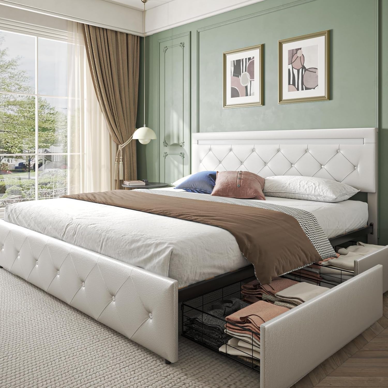 Bed Frame Full Size with LED Light and Storage Drawers, Adjustable Headboard with PU Leather Upholstered, 2 Sockets and 2 USB Ports, No Box Spring Needed,Wooden Slats Support, White.