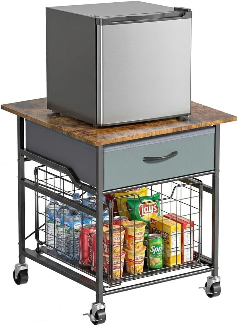 Mini Fridge Stand, Heavy-Duty End Table Fridge Table with Storage, Small Refrigerator Stand with Rolling Wheels for Dorm, Kitchen,Pantry