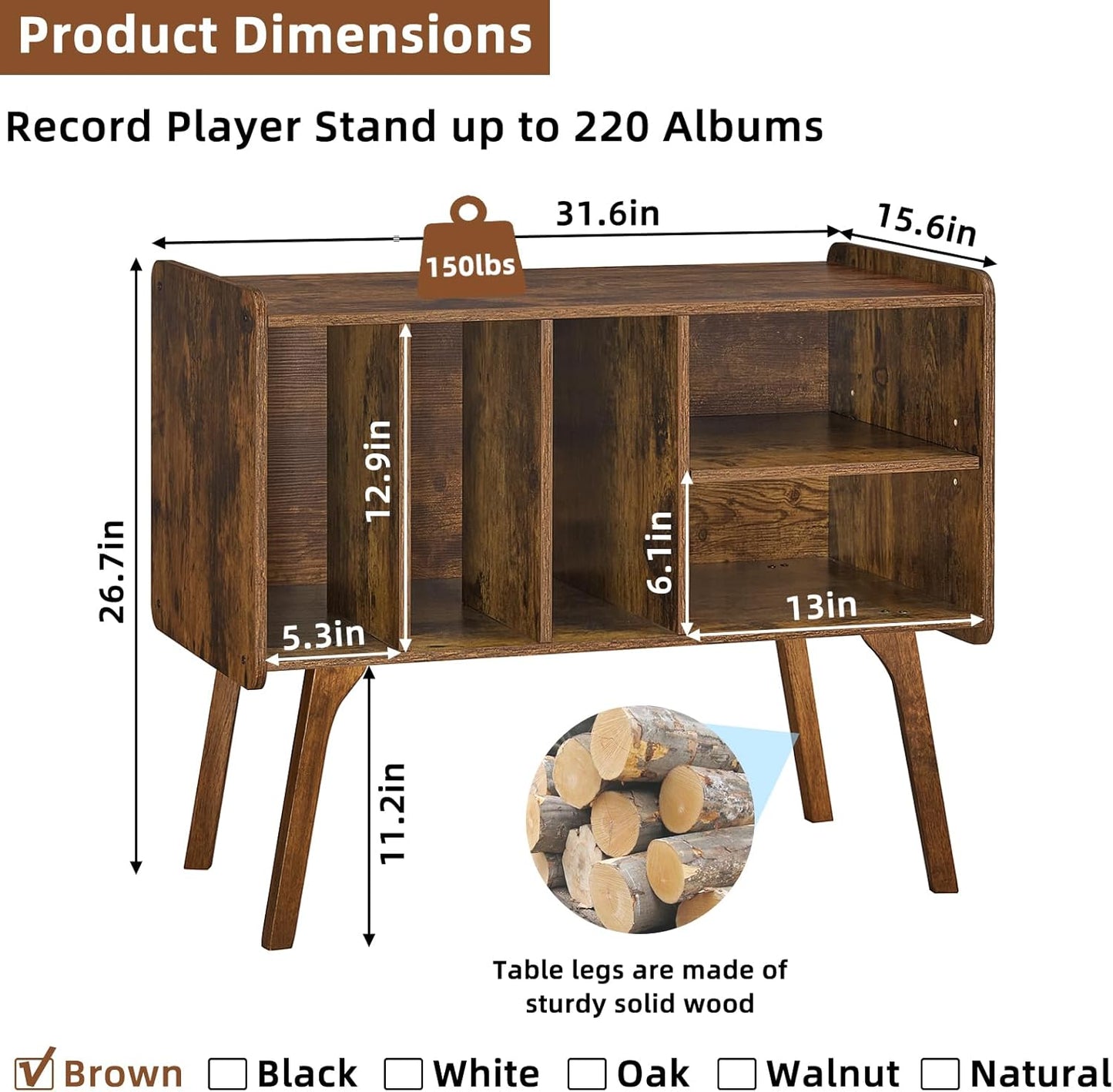 Record Player Stand with 4 Cabinet Holds up to 220 Albums, Large Turntable Stand with Beech Wood Legs, Mid-Century Record Player Table,Brown Vinyl Holder Storage Shelf for Bedroom Living Room