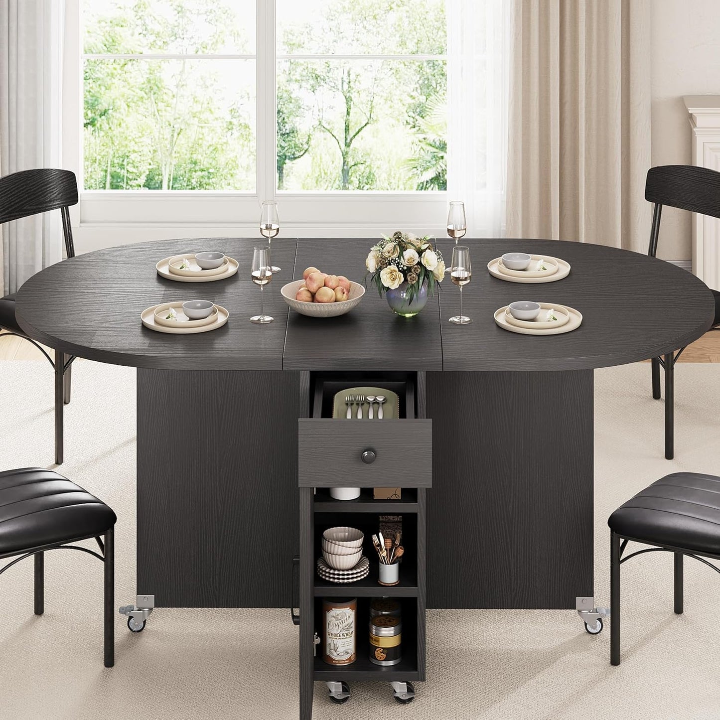 Folding Dining Table for 4 -Foldable Kitchen Dinner Drop Leaf Gateleg Convertible Tables with Storage Drawer and Shelf for Small Spaces Space Saving Kithen Dining Room Furniture (Black, 51*31.5*30)