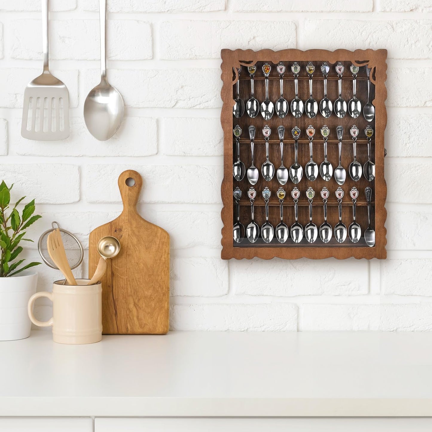 Wooden 30-Souvenir Spoon Display Case Cabinet, Wall-Mounted Tea Spoon Rack with Tempered Glass Suitable for Collection Display, 13.4W X 2.6D X 15.7H In