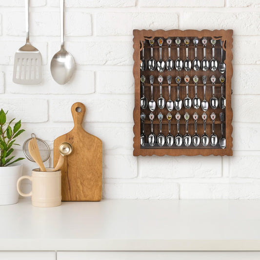 Wooden 30-Souvenir Spoon Display Case Cabinet, Wall-Mounted Tea Spoon Rack with Tempered Glass Suitable for Collection Display, 13.4W X 2.6D X 15.7H In