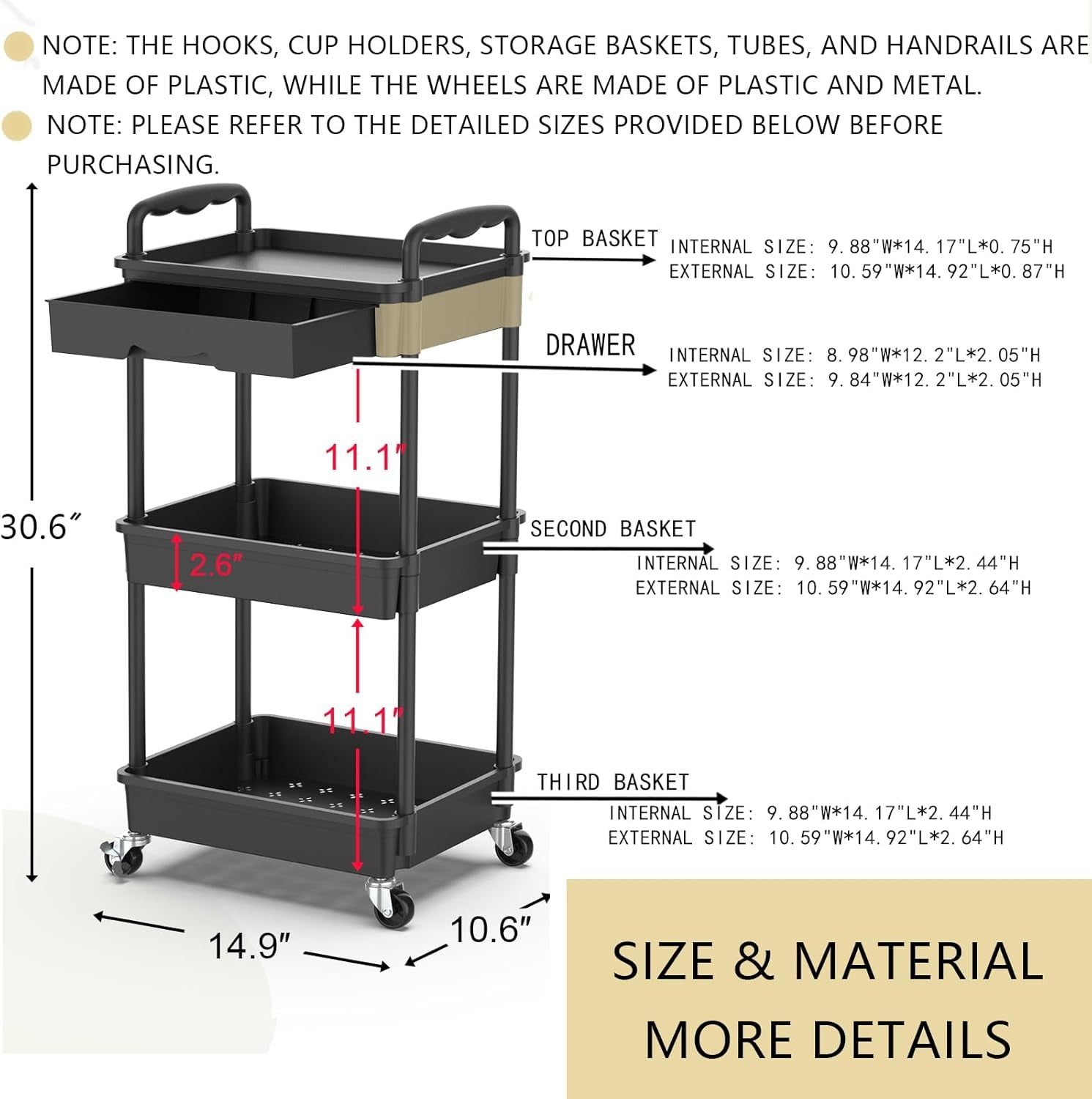 3 Tier Rolling Utility Cart Organizer with Removable Drawer, Stable and Sturdy Black Rolling Storage Carts with 2 Lockable Wheels for Bathroom, Kitchen, Snack, Craft, Makeup, Baby Essentials