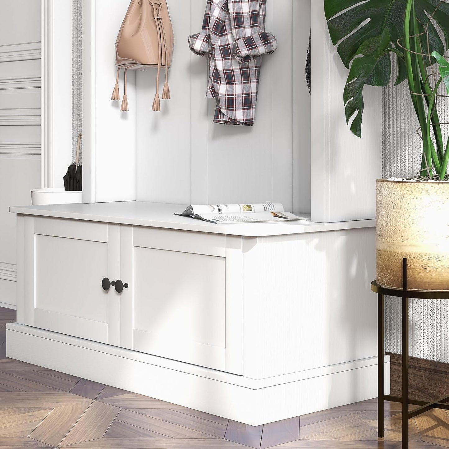 42" 3-In-1 Entryway Hall Tree with Storage Bench, Coat Rack with Six Hooks, Shoe Storage and Top Shelf, White