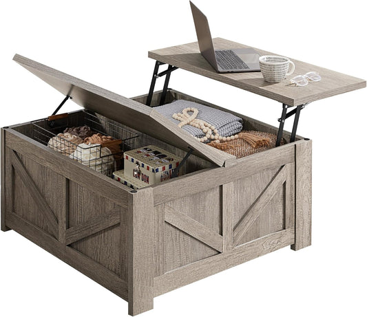 Lift Top Coffee Table, Square Farmhouse Coffee Table with Hidden Storage Compartment, Wood Center Table for Living Room, Home Office, Gray