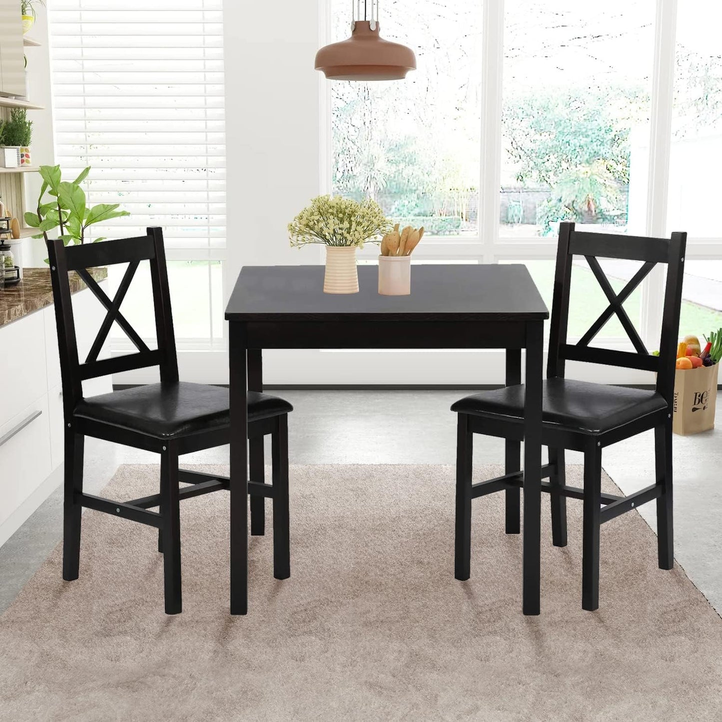 Kitchen Table Set 3 Piece Wooden Dining Table Set for 2 Person Square Table and Chair Small Farmhouse Table Set for Kitchen Restaurant, Brown