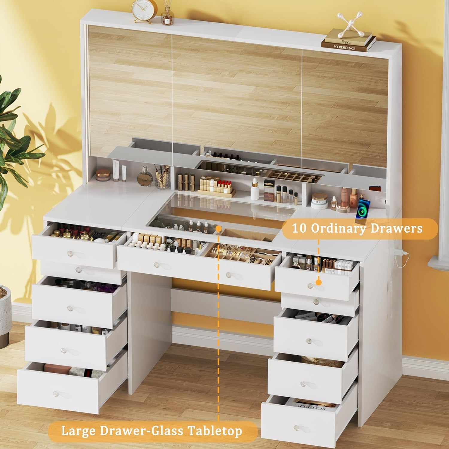 Vanity Desk with Mirror and Lights, 50" Makeup Vanity with Glass Top & Power Outlet, White Vanity with 11 Drawers & 8 Hidden Storage Shelves, 3 LED Lighting Modes Adjustable for Bedroom