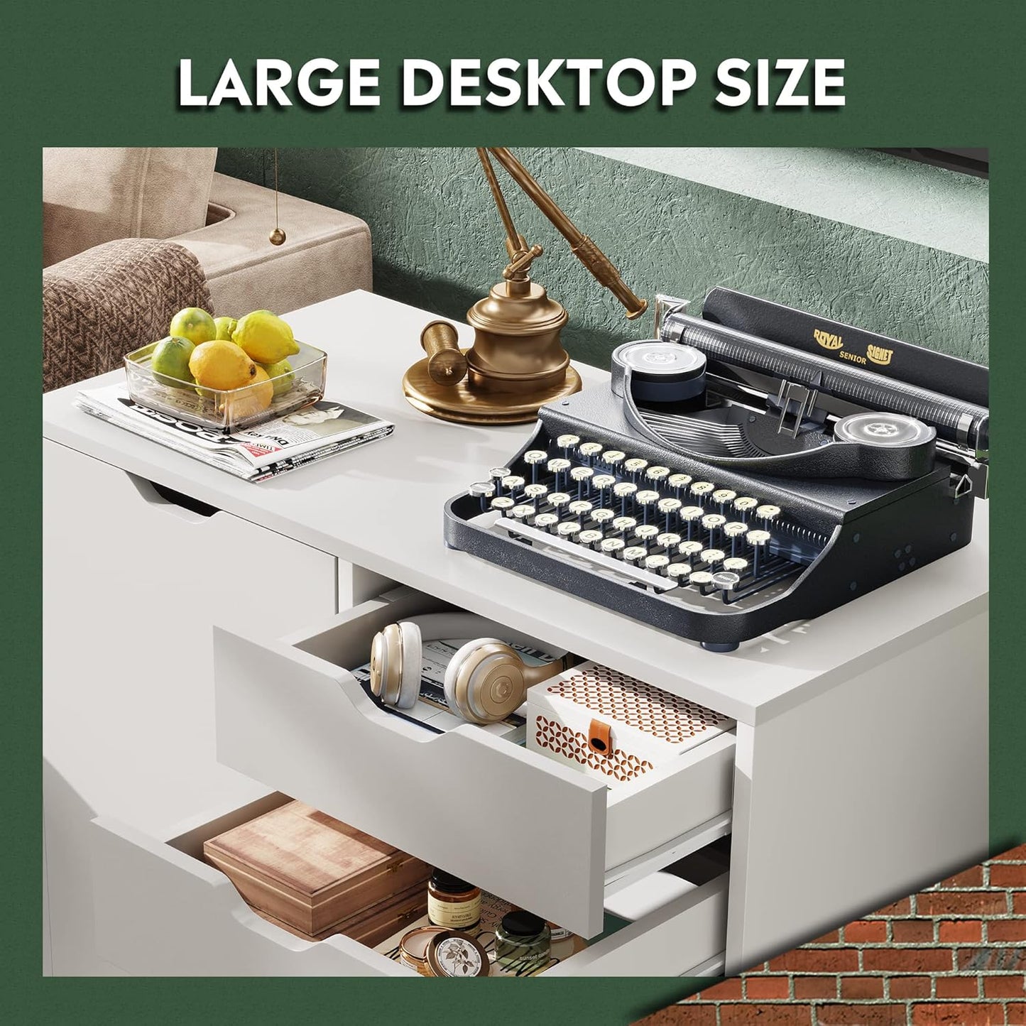 5-Drawer Wood Drawer Cabinet, Office Storage Cabinet with Adjustable Shelf & Wheels, Printer Stand for Home Office, White