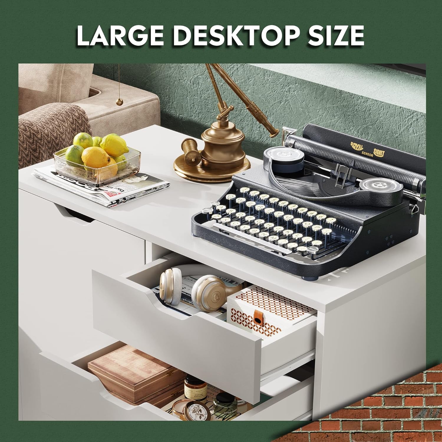 5-Drawer Wood Drawer Cabinet, Office Storage Cabinet with Adjustable Shelf & Wheels, Printer Stand for Home Office, White