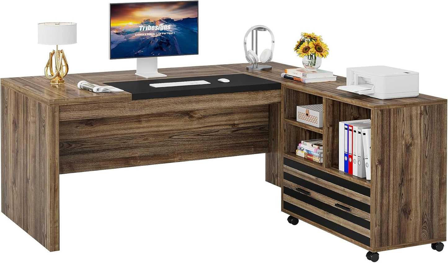 62.2" Executive Desk with Mobile File Cabinet, L-Shaped Office Desk with Storage Shelves, Large Computer Desk Business Workstation Set for Home Office, Light Brown
